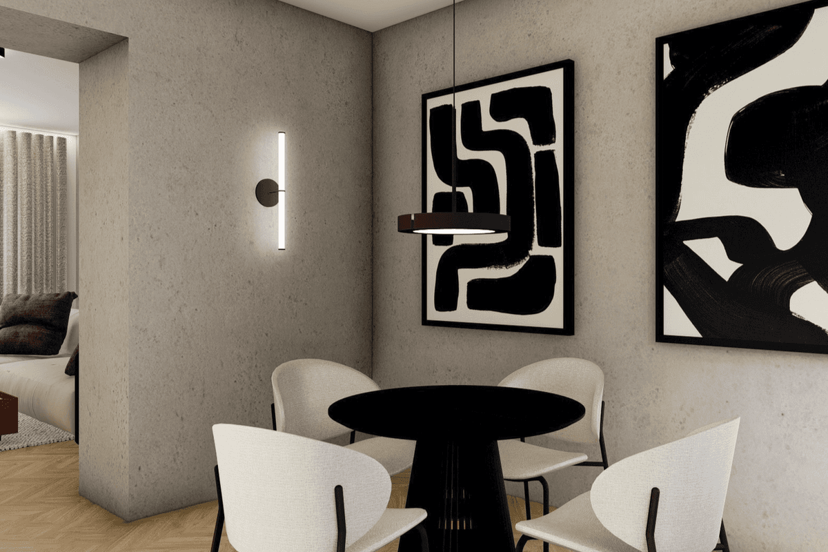 Koláž moderných interiérov s elegantnou obývačkou, štýlovým krbom s knižnicou a minimalistickou TV stenou v svetlých odtieňoch.