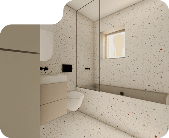 Moderná obývačka s elegantnou rohovou sedačkou v béžovej farbe, zlatým konferenčným stolíkom a otvorenou kuchyňou v pozadí. Na pravej strane sa nachádza drevené schodisko so skleneným zábradlím vedúce na poschodie. Obrázok má kreatívne orezy so zaoblenými tvarmi.